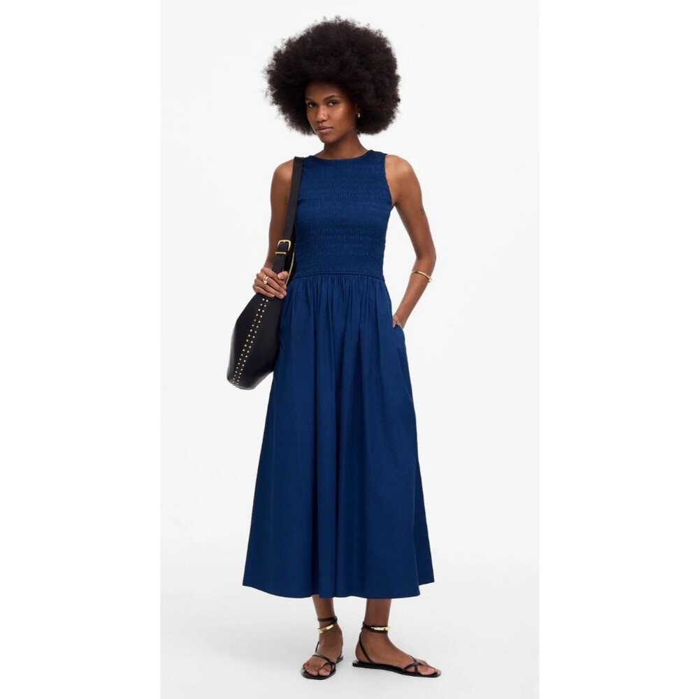 Madewell The Melody Scoopback Smocked Midi Dress Women's Size Small Blue NWT!